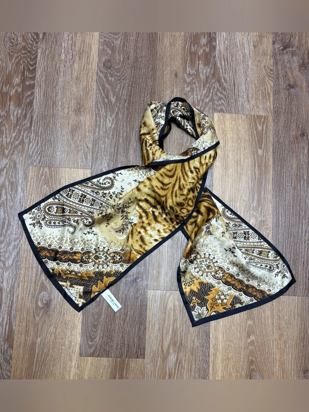 Adrienne Landau Gold and Black Animal Print Silk-Feel Scarf